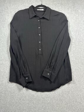 Emerson Fry Collared Button-Up Shirt Women's Large Black Long Sleeve Curved Hem